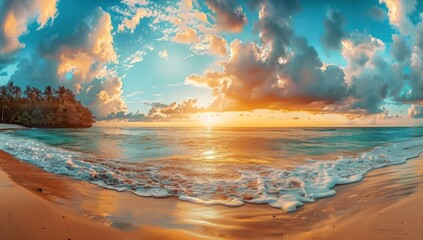 A beautiful beach scene with a sunset in the background. Generate AI image