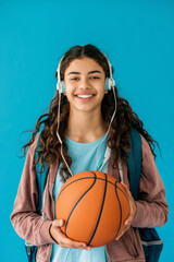 Wall Mural - a Happy Hispanic Teenager: A teenager smiling brightly while holding a basketball, with a backpack, earphones, and a water bottle on a blue studio background. They are dressed in casual, modern