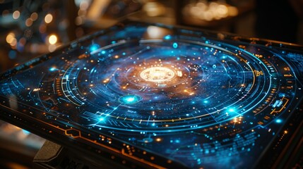 Fototapete - A close-up image of a digital interface with a blue and orange glow, showcasing a complex network of circles and lines.