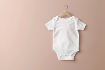 Sticker - White Onesie. Baby clothes on beige pastel background. Fashion newborn clothes. Flat lay, top view. Baby kids cotton clothing set. Infant bodysuit made from organic eco friendly cotton. Gender neutral