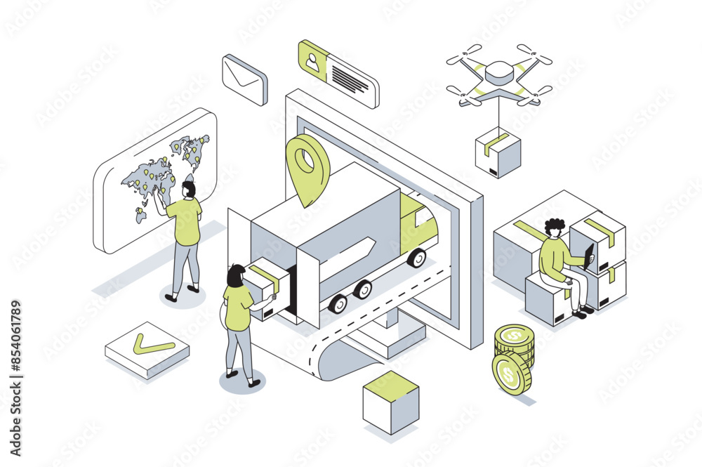 Worldwide delivery 3d isometric concept in outline isometry design for ...