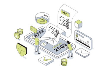 Fototapete - Electronic receipt 3d isometric concept in outline isometry design for web. People receiving digital form of invoice for checkout, paying bills online with credit card in app. Vector illustration.