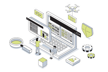 Fototapete - Programming 3d isometric concept in outline isometry design for web. People working with code at laptop screen, creating software, prototyping and making optimization programs. Vector illustration.