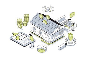 Fototapete - Real estate 3d isometric concept in outline isometry design for web. People researching real estate market, choosing new house with blueprint, client buying property and moving. Vector illustration.