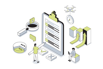 Poster - Survey 3d isometric concept in outline isometry design for web. People answering in questionnaire or quiz form, giving client feedback, choosing and marking in test checklist. Vector illustration.