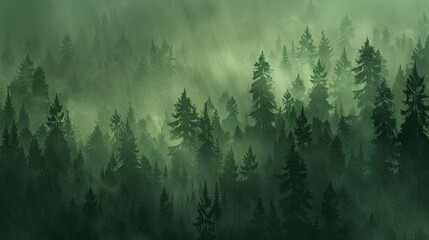 a dense forest with a misty atmosphere, showcasing tall trees in a mountainous landscape with green conifer and pine tree foliage, in the style of dark fantasy concept art.