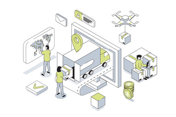 Aufkleber - Worldwide delivery 3d isometric concept in outline isometry design for web. People using global logistic company with truck transportation, receiving parcels with cargo shipping. Vector illustration.