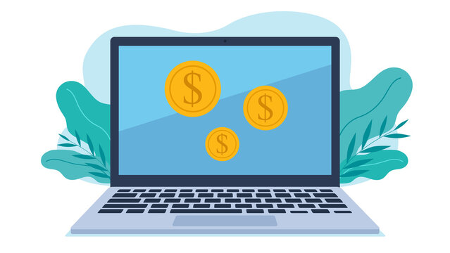 Graphics of a laptop with coin icons with a dollar symbol appearing on the screen. There are plants behind the laptop. Falt style graphics.