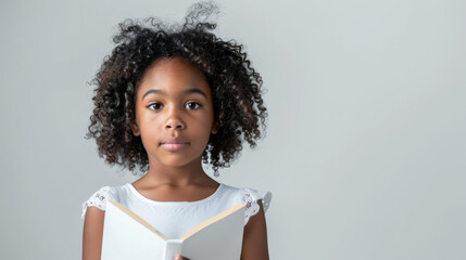 Wall Mural - an African American girl in a white summer dress, looking curious while holding a book on a white studio background