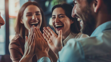 Group of colleague or friends enjoying and laughing together, celebrating success, teamwork and positive emotions, happiness concept.