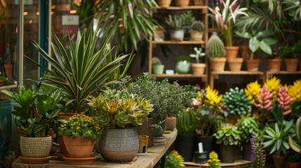 Poster - A variety of potted plants are arranged on a wooden table in a flower shop. The plants are mostly green, with some flowering plants in the background.
