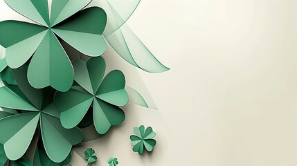 Wall Mural -  a poster of green shamrocks in the shape of a clover; with St. Patrick's Day background patterns and white space around it, background,
