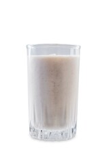 Wall Mural - Banana milkshake with banana slices in a glass on a white isolated background