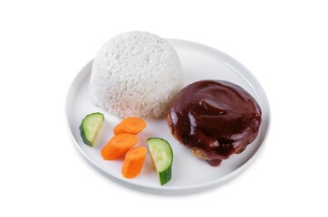 Wall Mural - Asian meet hamburger with sauce, rice and vegetables in a plate on a white isolated background