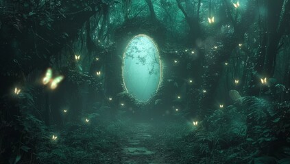 Wall Mural - The forest of night fantasy has a magic mirror, a portal to another world, and a dark mysterious magic mirror. Three-dimensional illustration of the forest of night fantasy.