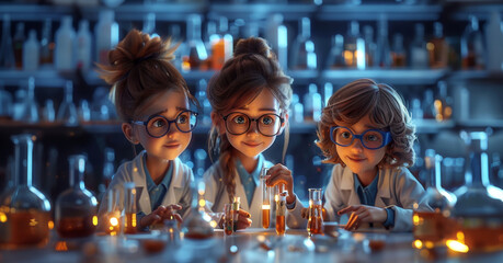 Aufkleber - Three girls in lab coats work with beakers and tubes in a lab, focused on their experiment and clearly enjoying their scientific exploration.