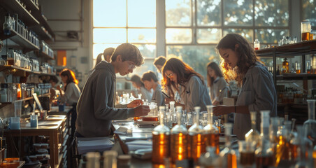 Aufkleber - Students conduct a science experiment in a bright classroom with beakers and lab equipment, large windows bringing in natural light.