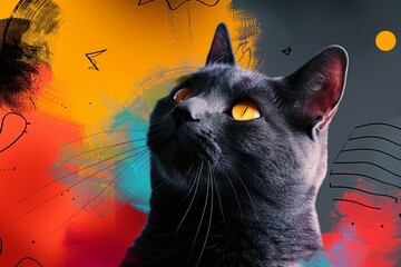 Wall Mural - Adorable cat with abstract colorful graphic background