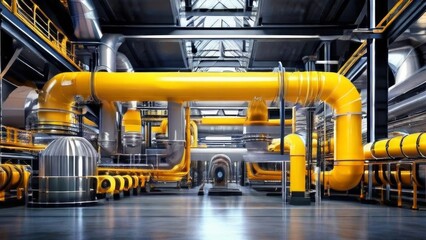 Wall Mural - A network of pipes stretched through an industrial structure, or factory. the theme demonstrates the engineering design and organization of systems in large industrial facilities.