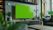 © PaulShlykov - Stylish Loft Apartment Interior with TV Set with Green Screen Mock Up Display Standing on Television Stand. Empty Cozy Living Room of Spacious Flat with Chroma Key Placeholder on Monitor.