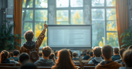 Poster - A young student raises his hand to ask a question during a lecture in a large classroom setting.