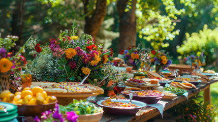 Wall Mural - An outdoor picnic setup with a long table surrounded by trees, featuring a variety of fresh salads, homemade pies, and colorful wildflowers. The setting is casual and perfect for a summer day.