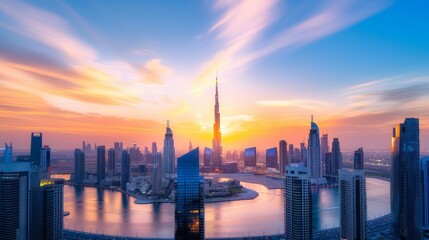 A panoramic view of a city skyline with skyscrapers and a setting sun.