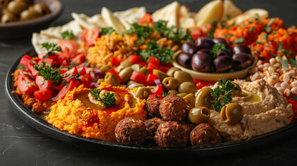 Poster - A colorful Mediterranean mezze platter with hummus, falafel, olives, and pita bread, beautifully arranged on a black dish.