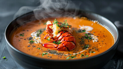 Poster - A creamy lobster bisque in a black bowl, garnished with a sprinkle of herbs and a drizzle of cream, steaming and inviting.