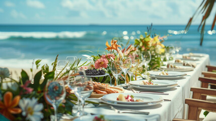 Poster - A long table at a seaside villa, covered with a white tablecloth, seafood platters, and tropical flower arrangements. The ocean waves can be seen in the background, adding to the serene atmosphere.