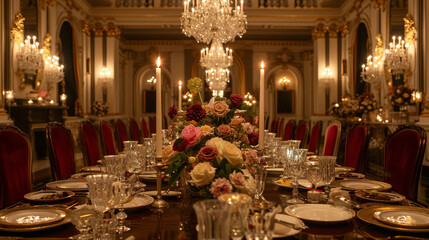 Poster - A luxurious banquet table in a grand hall, laden with exquisite cuisine, crystal chandeliers overhead, and opulent floral centerpieces. 