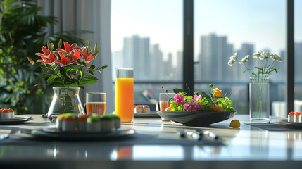 Poster - A modern dining table in a minimalist apartment, with an assortment of sushi, fresh juices, and sleek floral arrangements. The urban view from the large windows adds to the contemporary vibe.