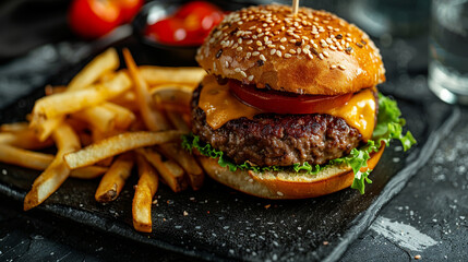 Wall Mural - A mouthwatering burger with a juicy patty, melted cheese, lettuce, and tomato, served on a black ceramic plate with a side of crispy fries.