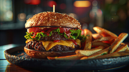 Poster - A mouthwatering burger with a juicy patty, melted cheese, lettuce, and tomato, served on a black ceramic plate with a side of crispy fries.
