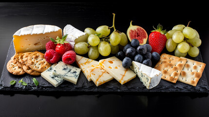 Wall Mural - A platter of assorted cheeses, crackers, and fresh fruits, artistically arranged on a sleek black slate, highlighting textures and colors.