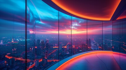 Aufkleber - An image showcasing a breathtaking panoramic view of a city skyline from a high-rise building, with a stunning sunset sky in the background.