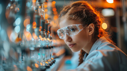 Leinwandbilder - A female scientist in a lab coat and safety glasses works intently at a laboratory station, surrounded by scientific equipment and glowing lights.