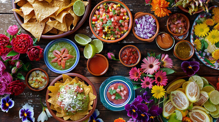 Poster - A top-down shot of a colorful spread of Mexican cuisine, featuring bowls of salsa, nachos, and tamales, adorned with fresh roses and petunias on a rustic table.