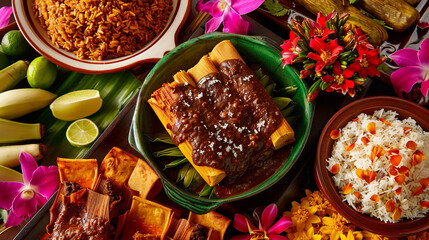 Poster - A top-down view of a Mexican culinary display, featuring mole, tamales, and rice, elegantly garnished with fragrant jasmine and azalea flowers.