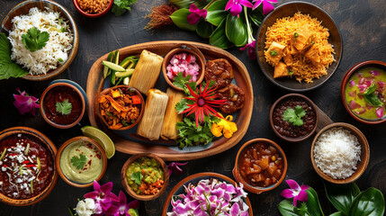 Poster - A top-down view of a Mexican culinary display, featuring mole, tamales, and rice, elegantly garnished with fragrant jasmine and azalea flowers.