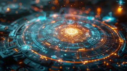 Fototapete - A close-up image of a digital interface with concentric circles and glowing lights.