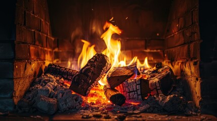 Logs of wood burn brightly in a fireplace, surrounded by orange flames and glowing embers. The bricks of the fireplace are dimly lit by the warm light.