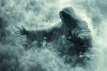 Wall Mural - Ghostly Apparition of a Middle Eastern Jinn Shrouded in Mystical Mist and Smoke