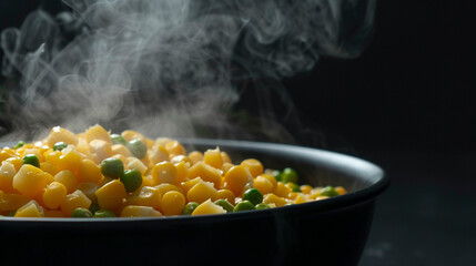 Wall Mural - The steam from hot, freshly boiled corn and peas rises from a black bowl, captured with a dark background.