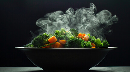 Wall Mural - The steam rises gracefully from a bowl of vibrant green broccoli and orange carrots, captured against a deep black background.