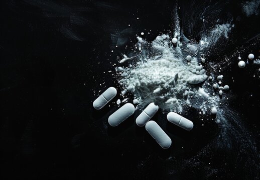 Aerial View of White Powder and Broken Pill on Black Background