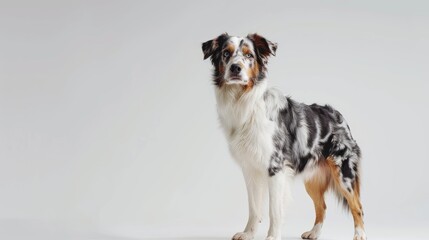 Wall Mural - Australian Shepherd dog portrayed in full length against white backdrop