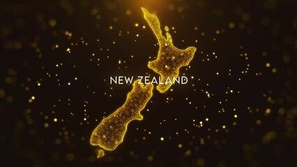 Wall Mural - Digital Space Golden Yellow Shiny Blurry Focus Wavy Glitter Sparkle Dust Particles of New Zealand Map and Text Motion Reveal with Light Flare