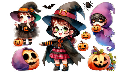 Poster - Cute Halloween Witches and Pumpkins Illustration - A whimsical illustration featuring three children dressed in witch costumes for Halloween, surrounded by pumpkins.