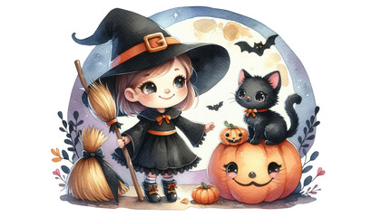 Poster - Cute Little Witch with Black Cat and Pumpkins - A watercolor illustration of a little girl dressed as a witch with a black cat and pumpkins on a background of a crescent moon.